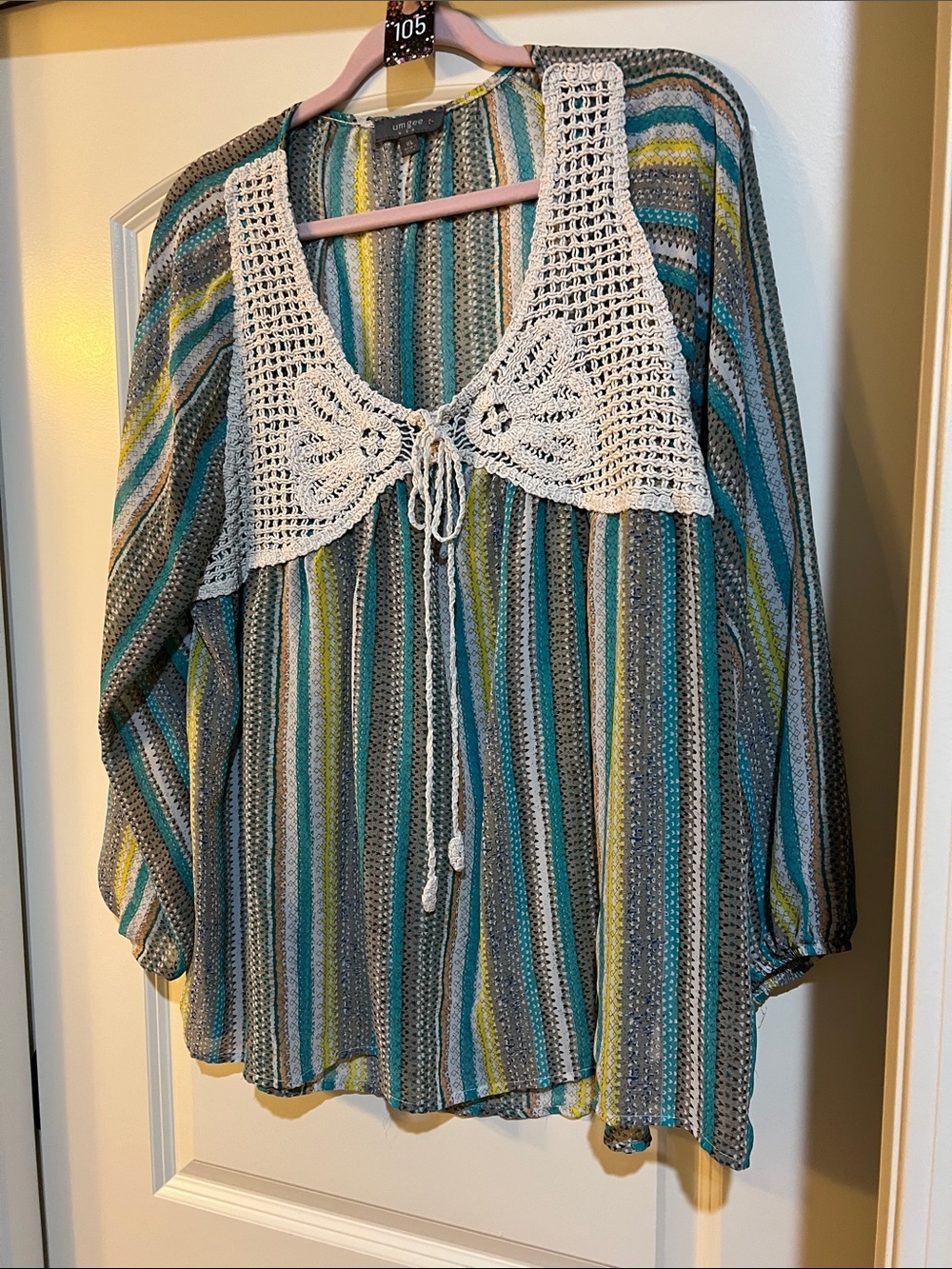 Umgee Striped Peasant Tunic with White Crochet Bib - Teal, Gray, Yellow
